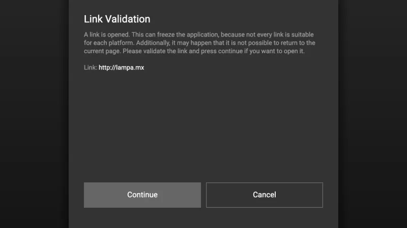 Media Station X, веб-версия: окно «Link Validation» со ссылкой http://lampa.mx и кнопками Continue и Cancel
