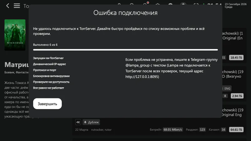 Мастер проверки в окне «Ошибка подключения» Lampa: выполнено 6 из 6, TorrServer всё равно не отвечает, совет написать в Telegram-группу @lampa_group